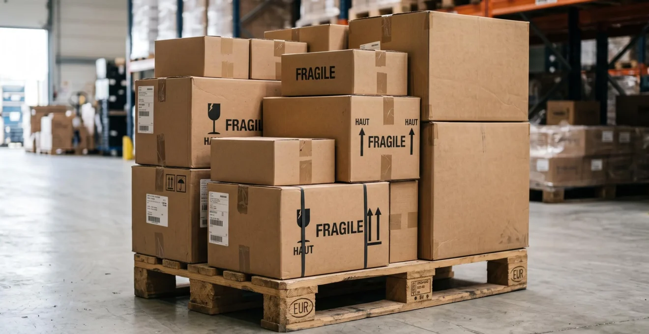 Assortiment de caisses carton simple et double cannelures de formats variés empilées sur une palette Europe en bois dans un entrepôt
