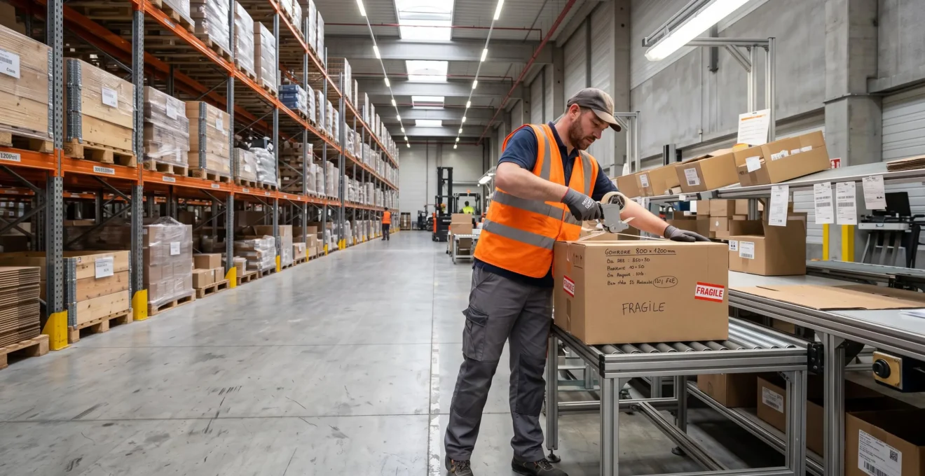 Préparateur de commandes scellant une caisse carton sur un poste de conditionnement semi-automatique dans un entrepôt moderne avec rayonnages et palettes en arrière-plan