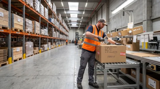 Préparateur de commandes scellant une caisse carton sur un poste de conditionnement semi-automatique dans un entrepôt moderne avec rayonnages et palettes en arrière-plan