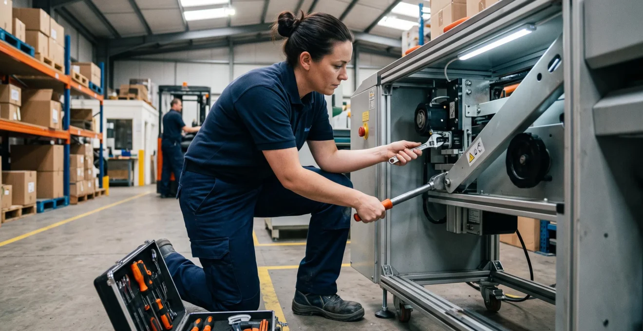 Technicienne de maintenance effectuant un contrôle de routine sur un équipement de conditionnement semi-automatique dans un entrepôt